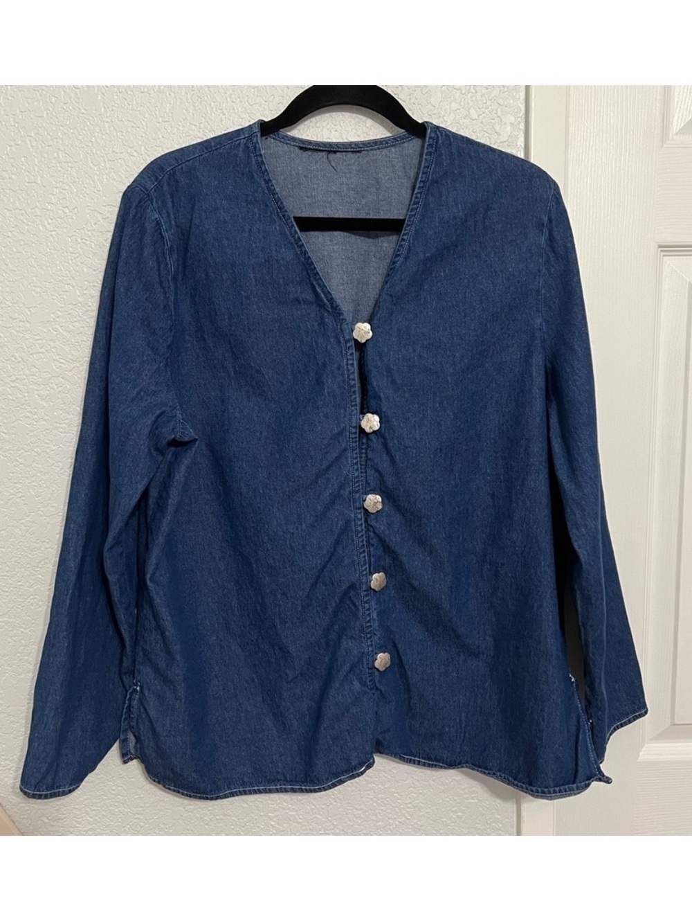 Denim Button Front Top Silver Flower Buttons Long Sleeve Chambray Blouse
